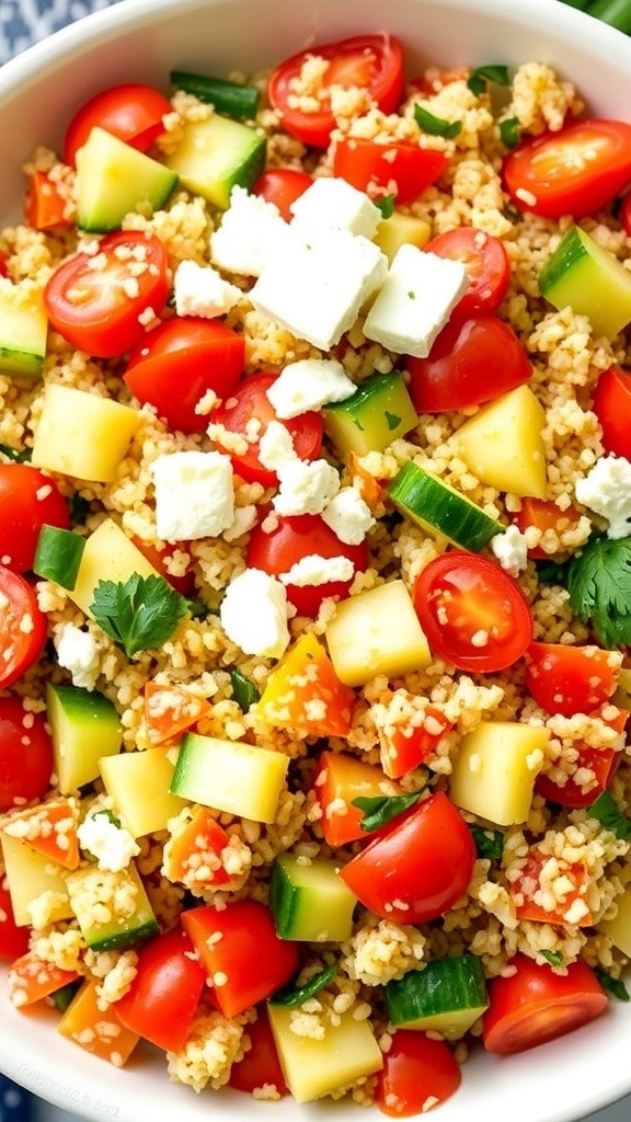 A colorful bowl of Mediterranean quinoa salad with tomatoes, cucumbers, bell peppers, and feta cheese.